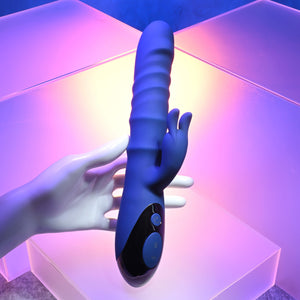The Ringer Rechargeable Silicone Thrusting Dual Motor Rabbit Vibrator Blue