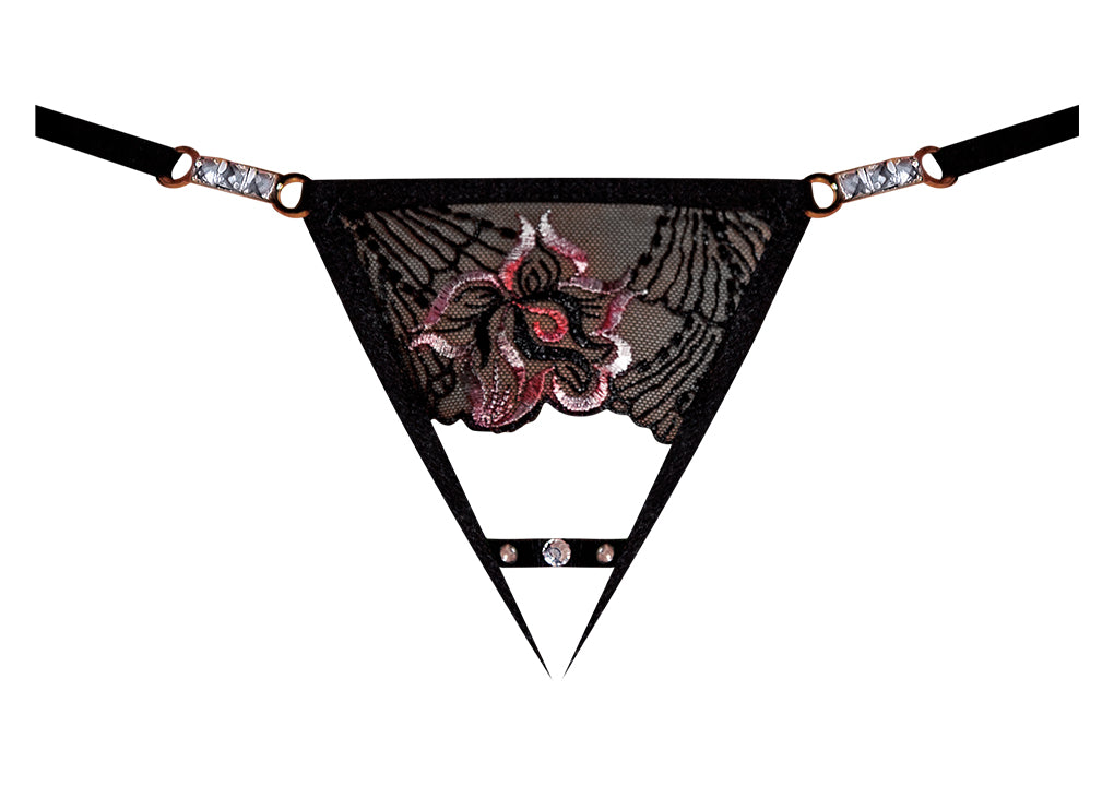 Magic Silk Peek-a-Boo Rhinestone G String Floral Black O/S