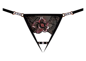 Magic Silk Peek-a-Boo Rhinestone G String Floral Black O/S