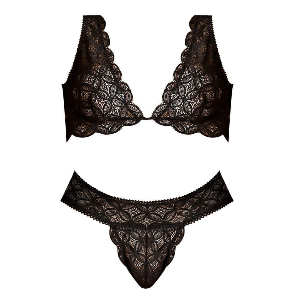 Magic Silk Geo Lace Bralette & Thong Black - Romantic Blessings