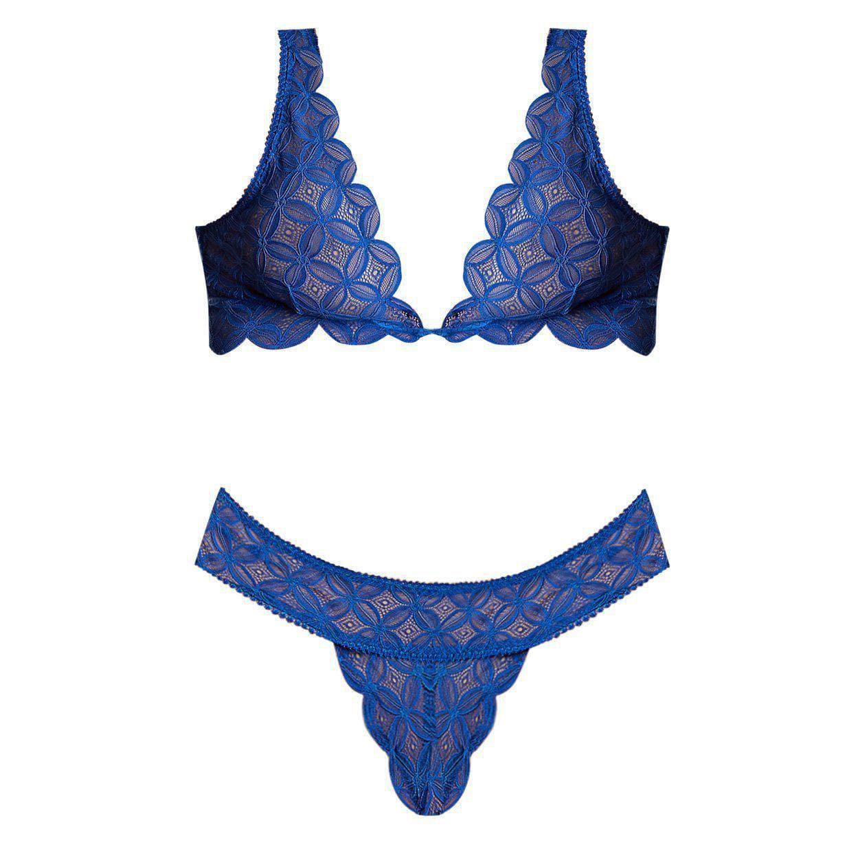 Magic Silk Geo Lace Bralette & Thong Blue - Romantic Blessings