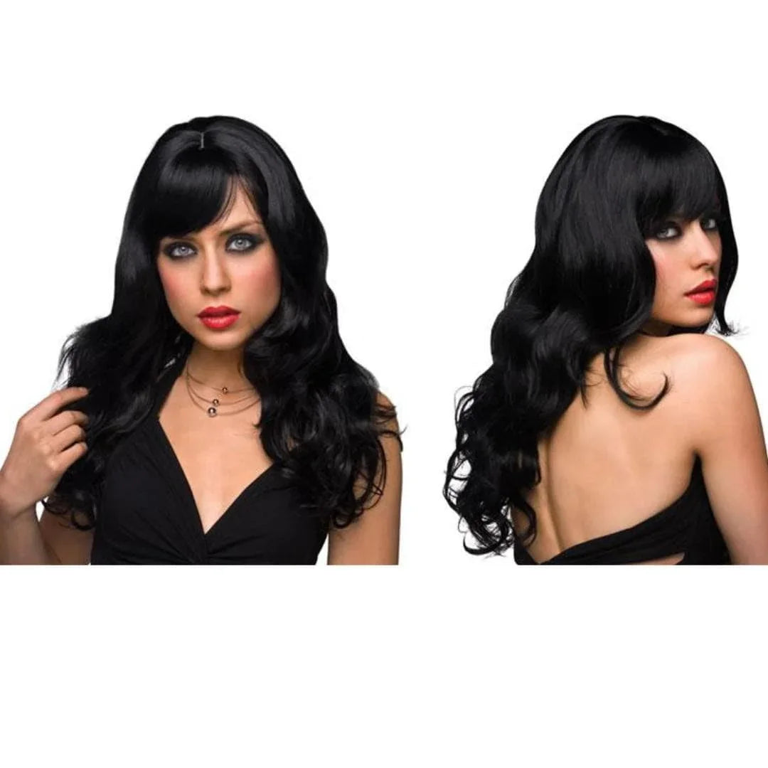Pleasure Wigs Joey Long Wavy Curly Hair Banged Wig Black - Romantic Blessings