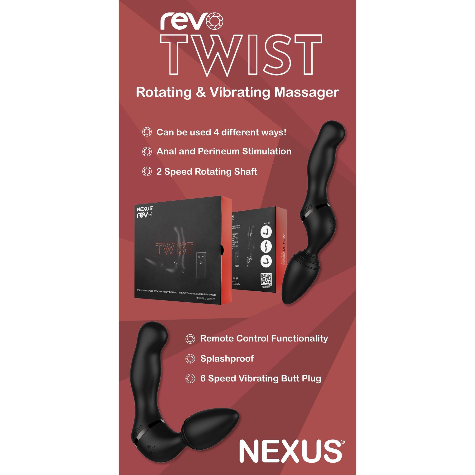 Nexus Revo Twist Waterproof Remote Control Rotating and Vibrating Massager Black - Romantic Blessings