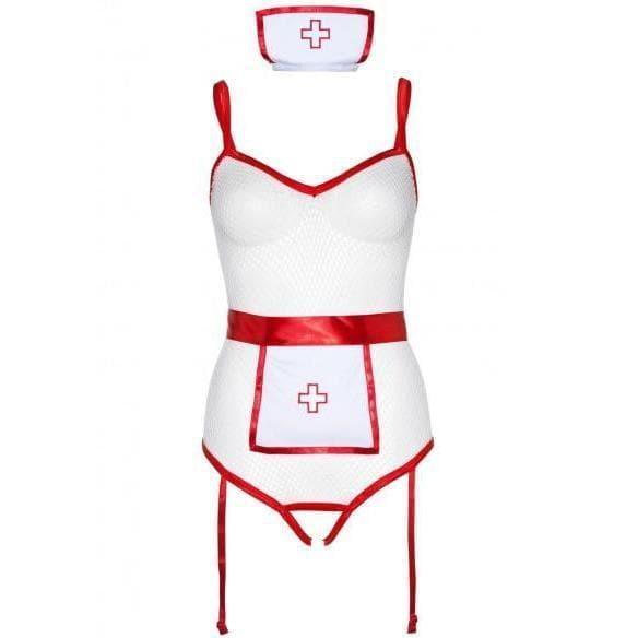 Leg Avenue 3 Piece Nurse Role Play Fishnet Crotchless Garter Teddy, Apron, & Matching Headband - Romantic Blessings