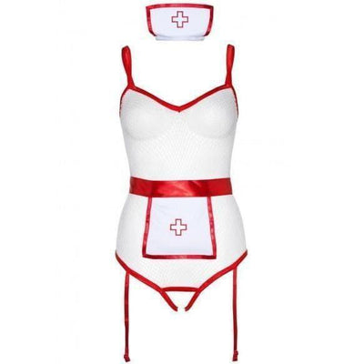 Leg Avenue 3 Piece Nurse Role Play Fishnet Crotchless Garter Teddy, Apron, & Matching Headband - Romantic Blessings