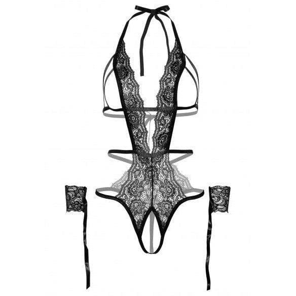 Leg Avenue Cage Strap Crotchless Lace Open Cup Teddy & Restraint Wrist Cuffs Set (2 pieces) Black - Romantic Blessings