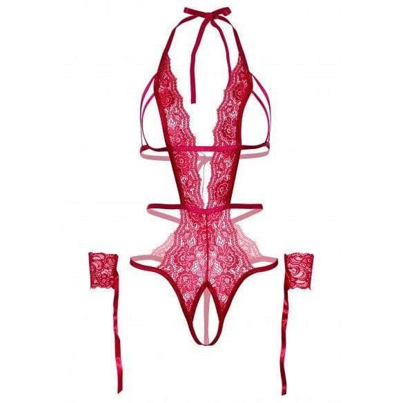 Leg Avenue Cage Strap Crotchless Lace Open Cup Teddy & Restraint Wrist Cuffs Set (2 pieces) Red - Romantic Blessings