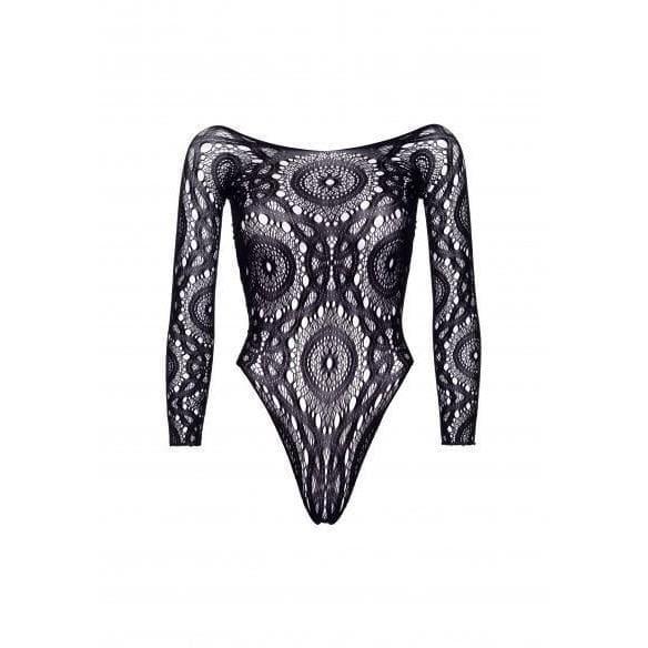 Leg Avenue Crochet Lace Long Sleeved Snap Crotch Thong Back Bodysuit Black - Romantic Blessings