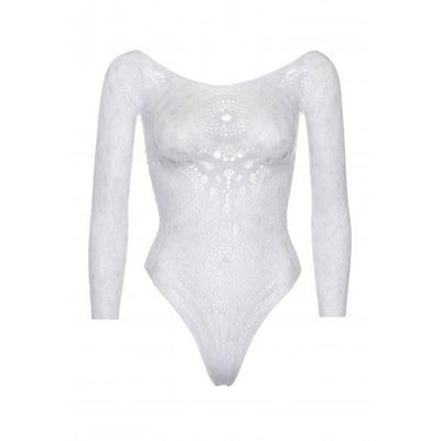 Leg Avenue Crochet Lace Long Sleeved Snap Crotch Thong Back Bodysuit White - Romantic Blessings