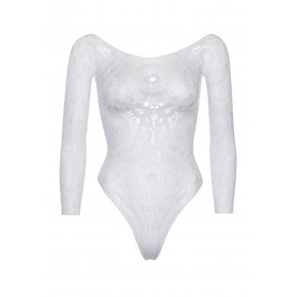 Leg Avenue Crochet Lace Long Sleeved Snap Crotch Thong Back Bodysuit White - Romantic Blessings