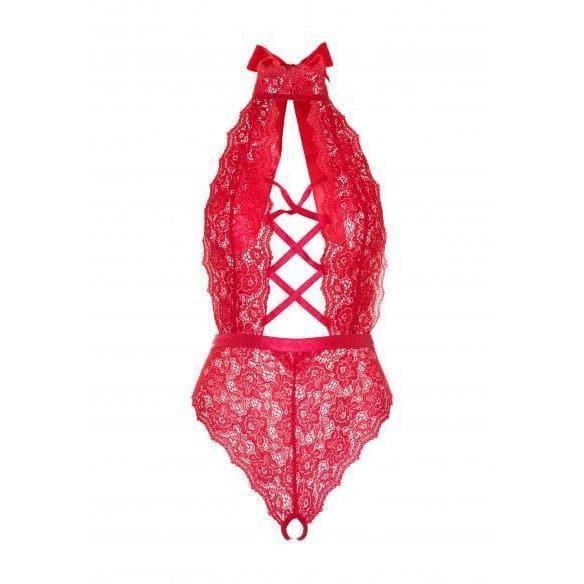 Leg Avenue High Neck Floral Backless Teddy with Crotchless Thong Panty Red - Romantic Blessings