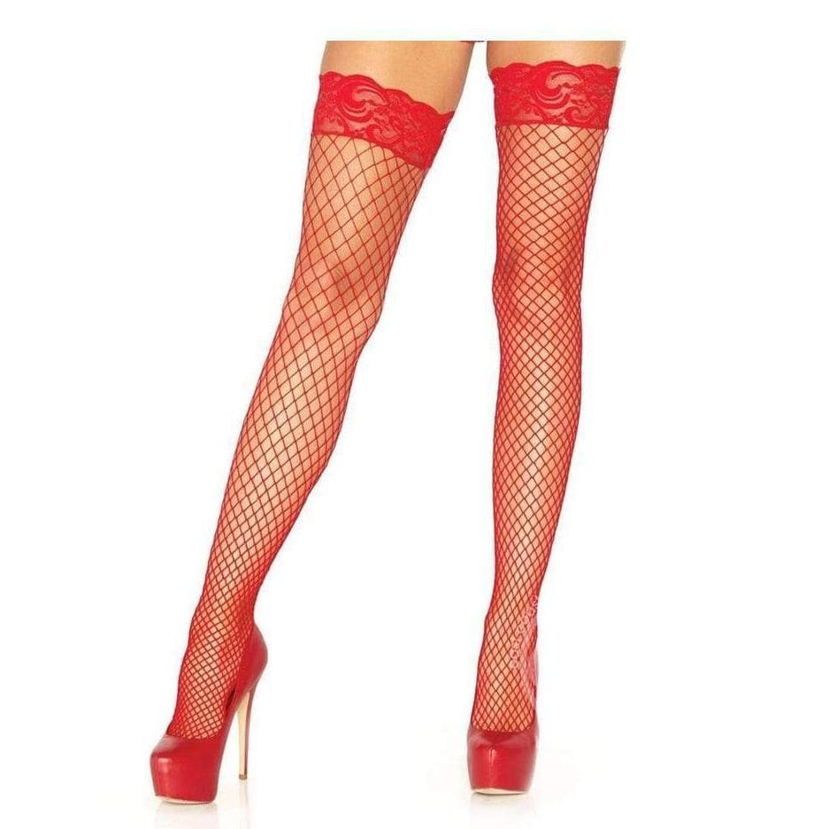 Leg Avenue Industrial Net Thigh Highs With Stay Up Silicone Lace Top Red - Romantic Blessings