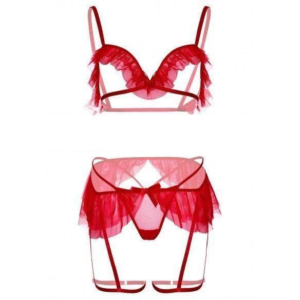 Leg Avenue Mesh Ruffle Bra, G-String and Dual Strap Garter Belt (3 Piece) - Romantic Blessings