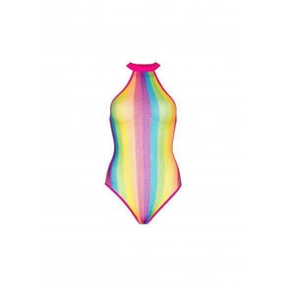 Leg Avenue Multicolor Rainbow Striped Halter Bodysuit with Snap Crotch - Romantic Blessings