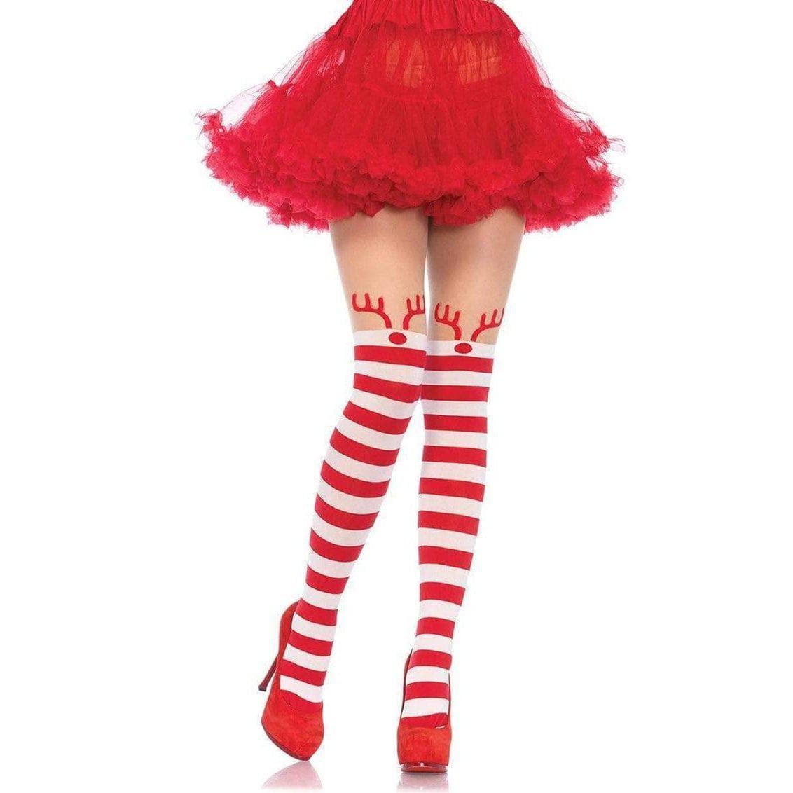 Leg Avenue Rudolph Reindeer Opaque Striped Pantyhose with Sheer Thigh High - O/S - Red/White - Romantic Blessings