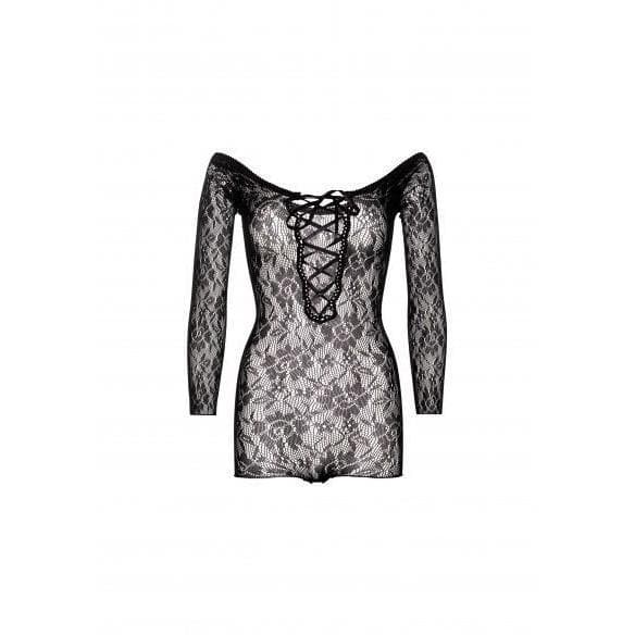 Leg Avenue Seamless Lace Romper With Lace Up Front Black - Romantic Blessings