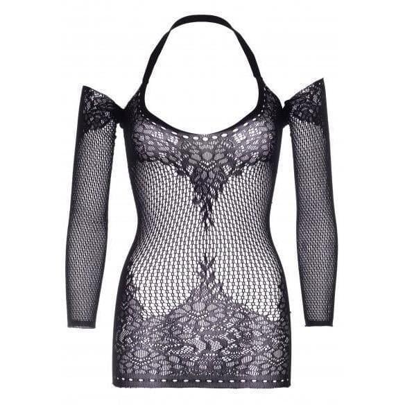 Leg Avenue Seamless Lace and Net Long Sleeved Mini Dress With Keyhole Twist Halter And Eyelet Trim Black - Romantic Blessings