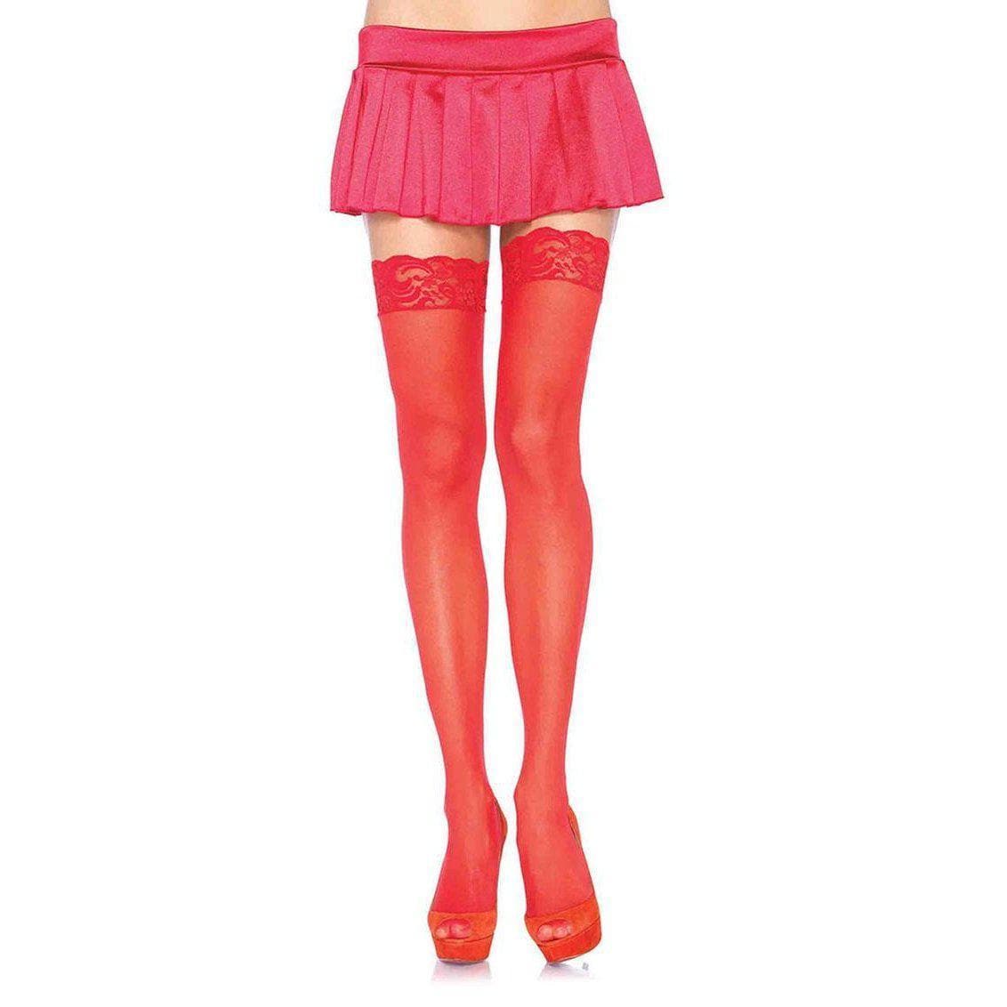 Leg Avenue Sheer Nylon Thigh High Stockings With Lace Top Red - Romantic Blessings