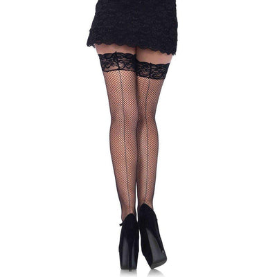 Leg Avenue Spandex Fishnet Thigh High Stockings With Backseam And Stay Up Silicone Lace Top - Black - Romantic Blessings
