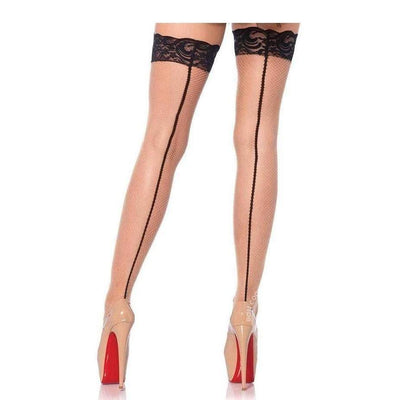 Leg Avenue Stay Up Lace Top Backseam Fishnet Thigh High Nude/Black - Romantic Blessings