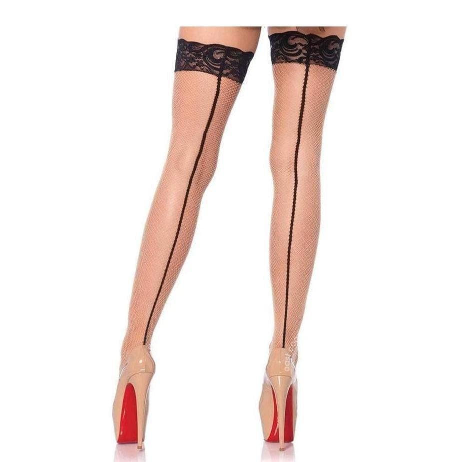 Leg Avenue Stay Up Lace Top Backseam Fishnet Thigh High Nude/Black - Romantic Blessings