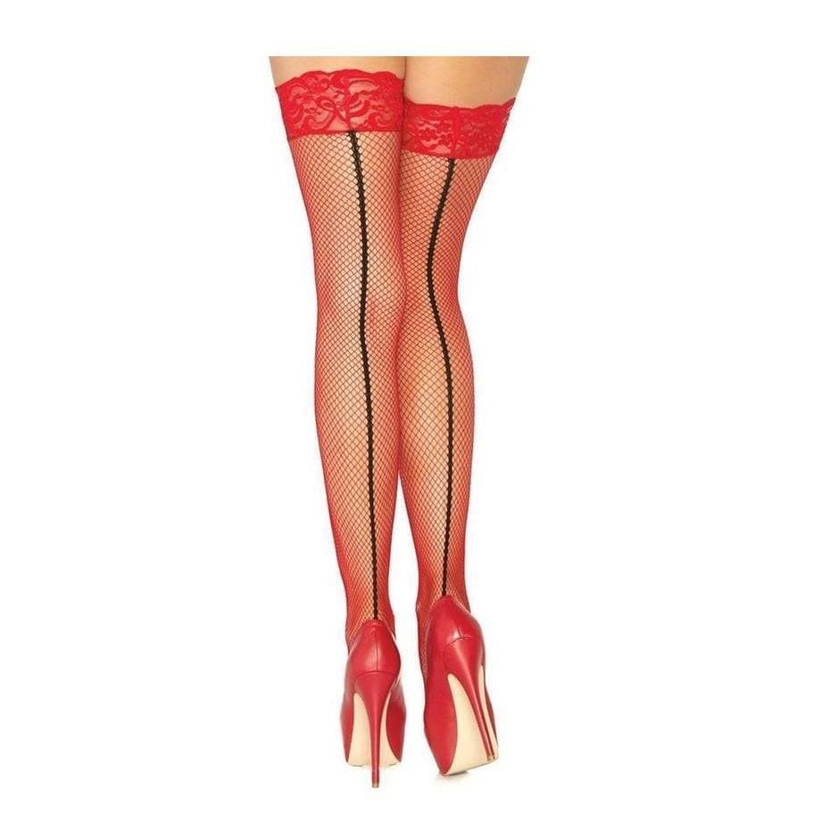 Leg Avenue Stay Up Lace Top Backseam Fishnet Thigh High Red/Black - Romantic Blessings