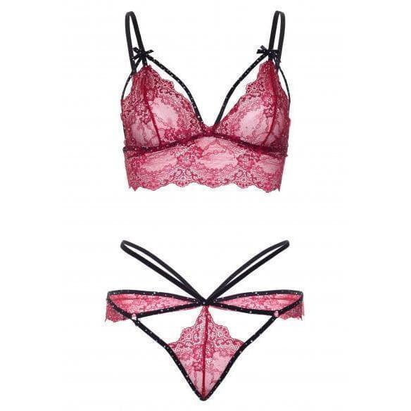 Leg Avenue Strappy Bralette Adjustable Straps Matching G-String Burgundy - Romantic Blessings