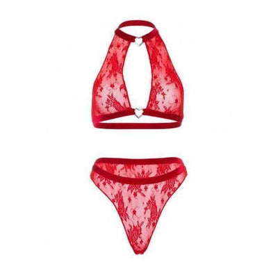 Leg Avenue Velvet Trim Lace Halter Top Heart Ring High Waist Matching Thong Red - Romantic Blessings