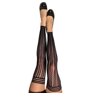 Kixies Lindsay Footlless Black Stripe Fishnet Thigh High Tights Black - Romantic Blessings