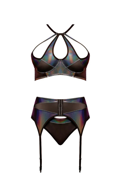 Magic Silk Oil Slick Halter Bra, Garter & Panty Set Black