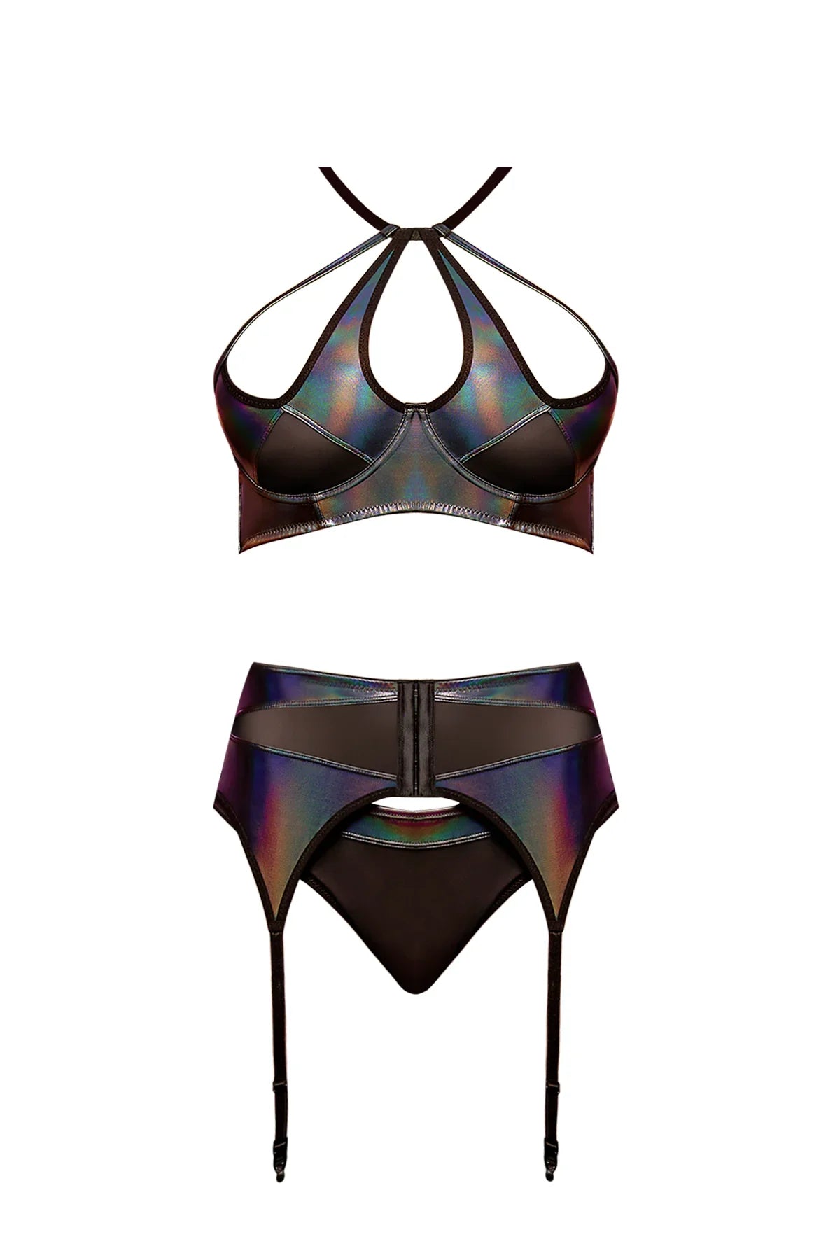 Magic Silk Oil Slick Halter Bra, Garter & Panty Set Black