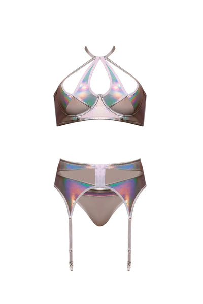 Magic Silk Oil Slick Halter Bra, Garter & Panty Set Silver