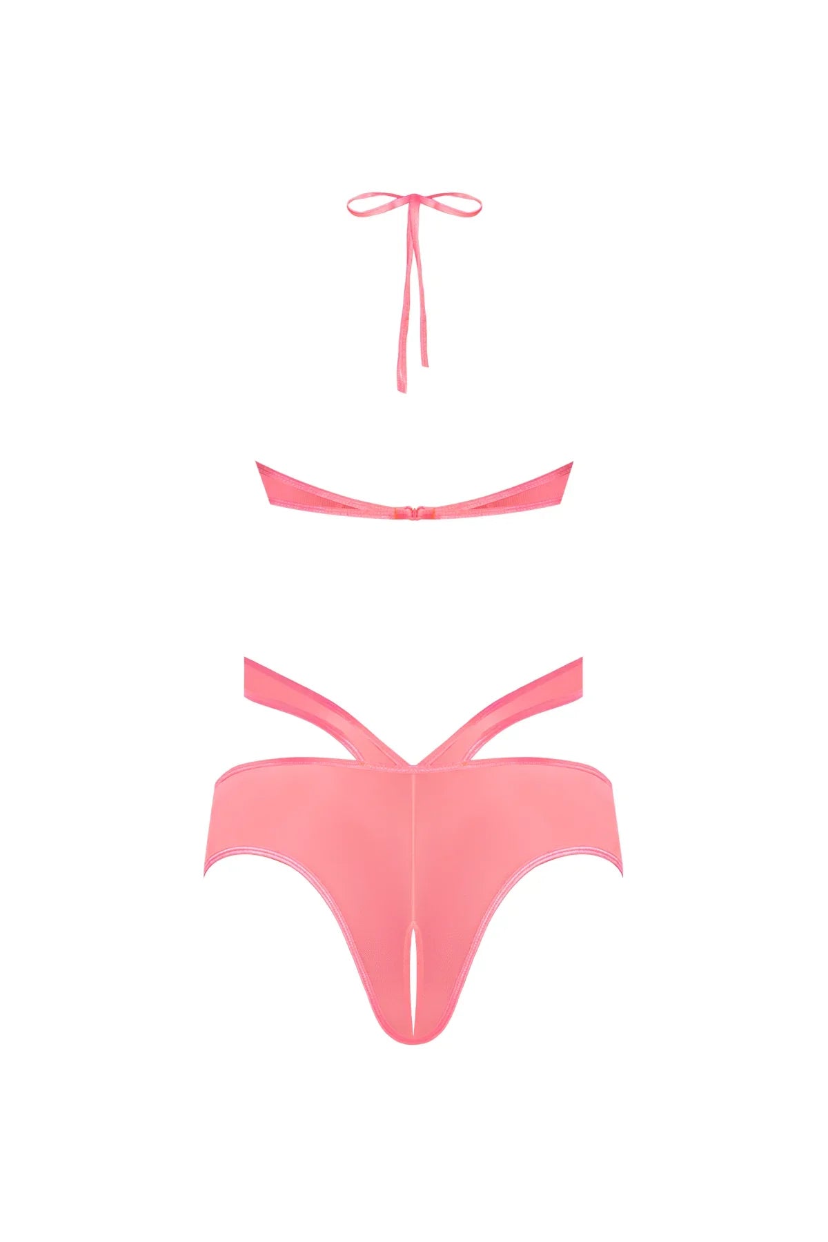 Magic Silk Forever Mesh Cupless & Crotchless Halter Teddy With Split-Back Coral