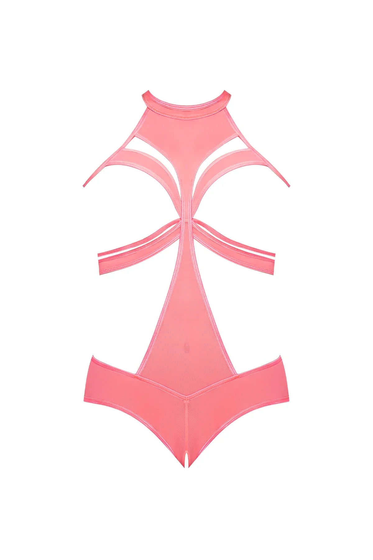 Magic Silk Forever Mesh Cupless & Crotchless Halter Teddy With Split-Back Coral