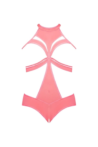 Magic Silk Forever Mesh Cupless & Crotchless Halter Teddy With Split-Back Coral