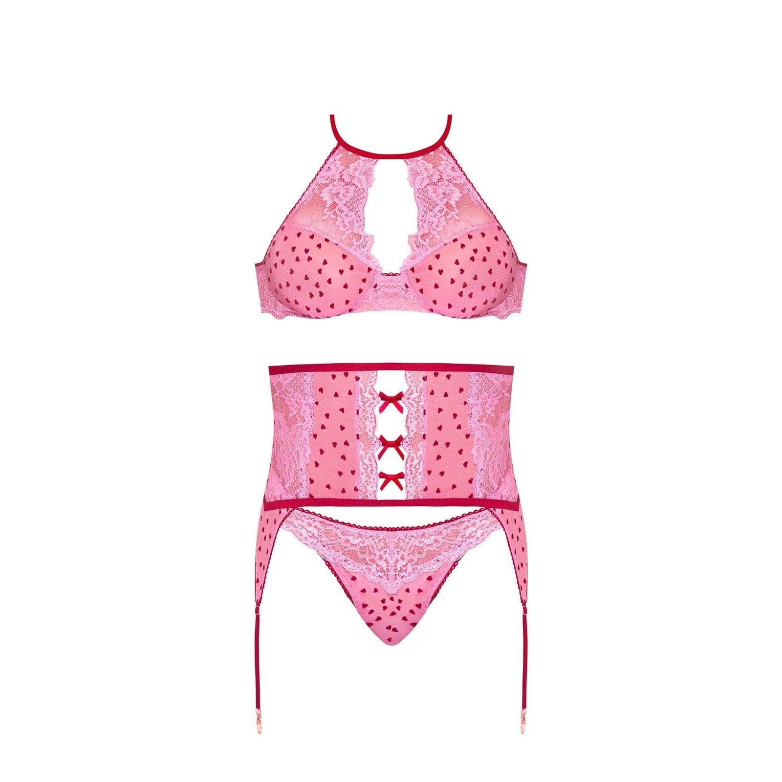 Magic Silk Tickled Pink High-Neck Bra, Gartered Waist Cincher & Thong Set Pink - Romantic Blessings
