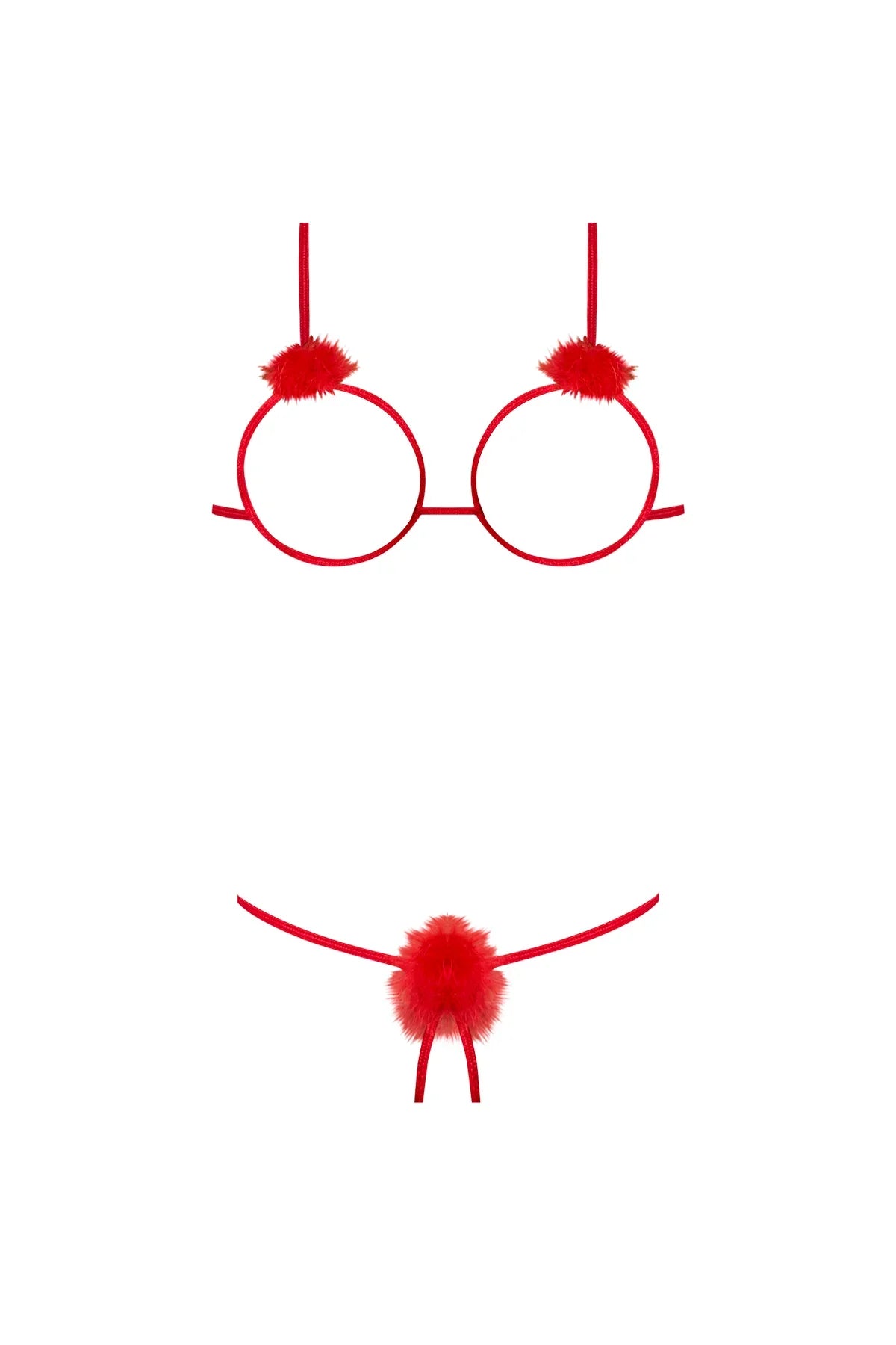 Magic Silk Marabou Cupless & Crotchless Bra & Panty Set Red