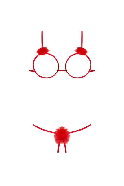 Magic Silk Marabou Cupless & Crotchless Bra & Panty Set Red