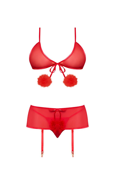 Magic Silk Marabou Bra, Garter Skirt & G-String Set Red