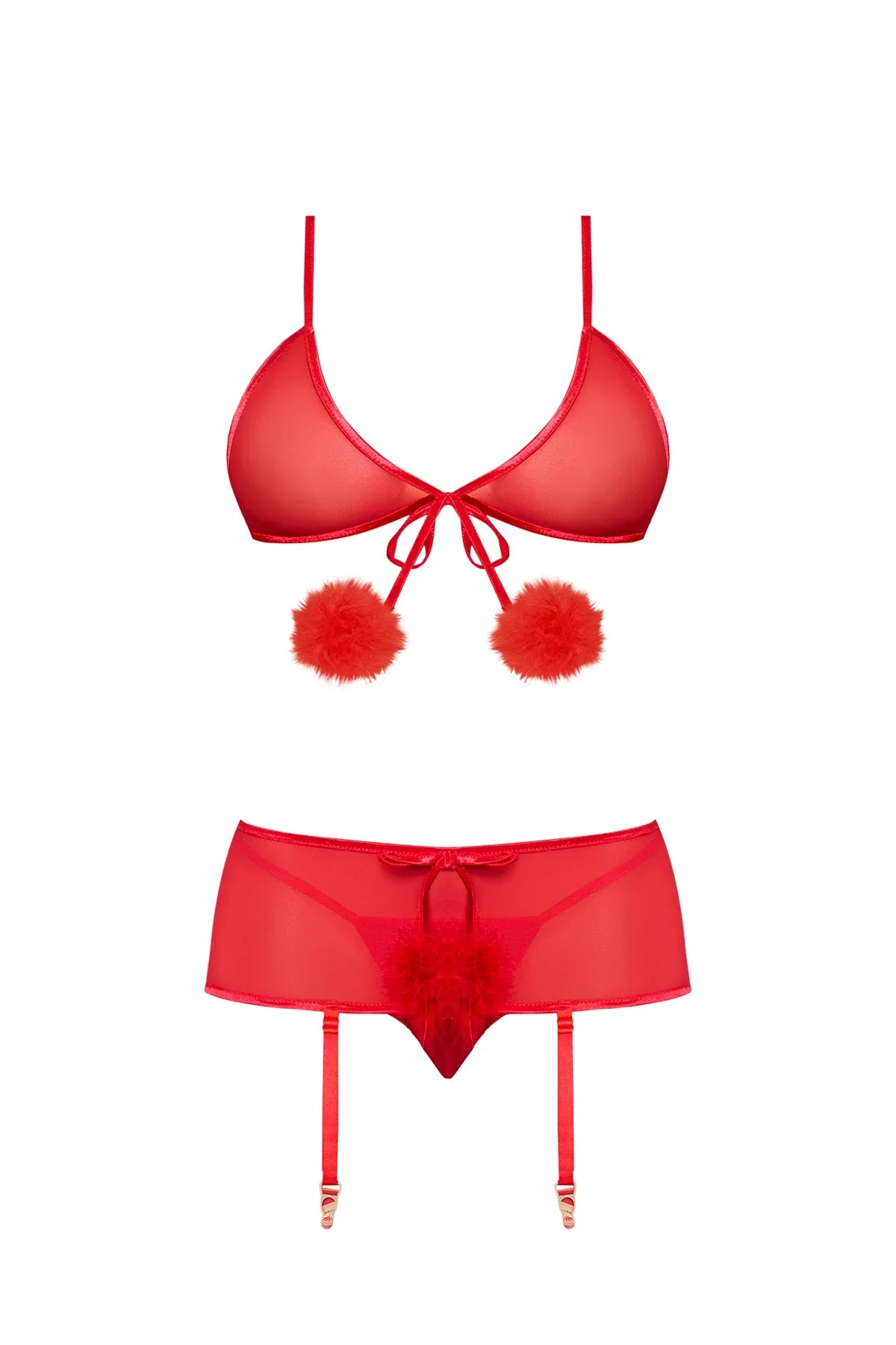 Magic Silk Marabou Bra, Garter Skirt & G-String Set Red