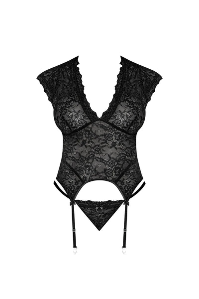 Magic Silk Ooh La Lace Cap Sleeve Basque & Tanga Set Black