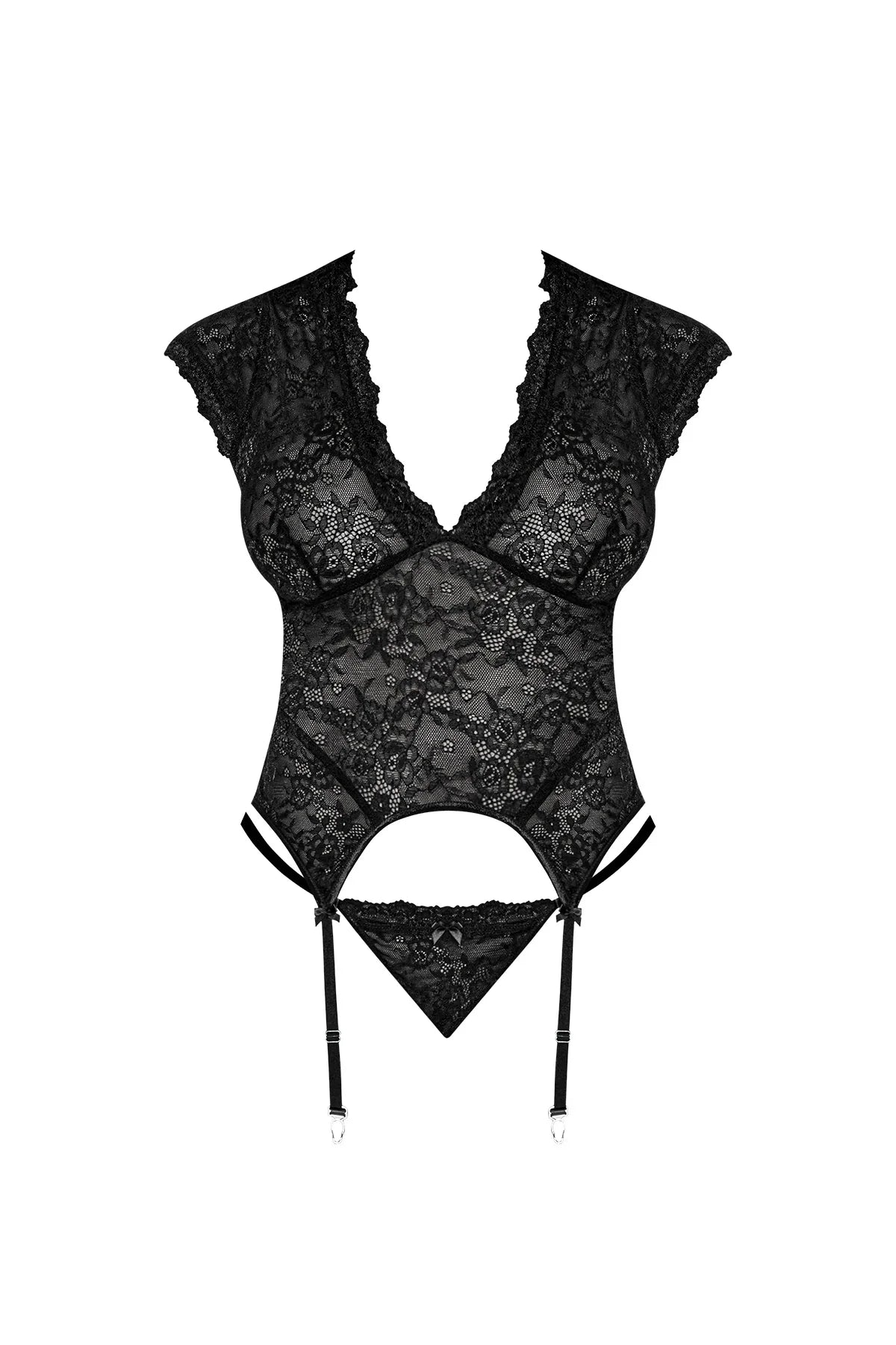 Magic Silk Ooh La Lace Cap Sleeve Basque & Tanga Set Black