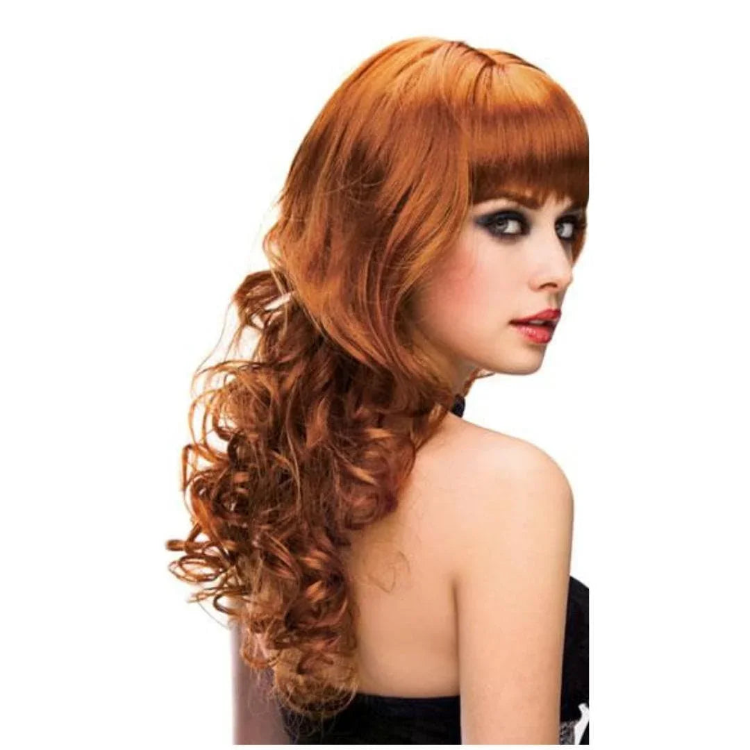 Pleasure Wigs Missy Long Hair with Wavy Tight Curls at the End Banged Wig Red - Romantic Blessings