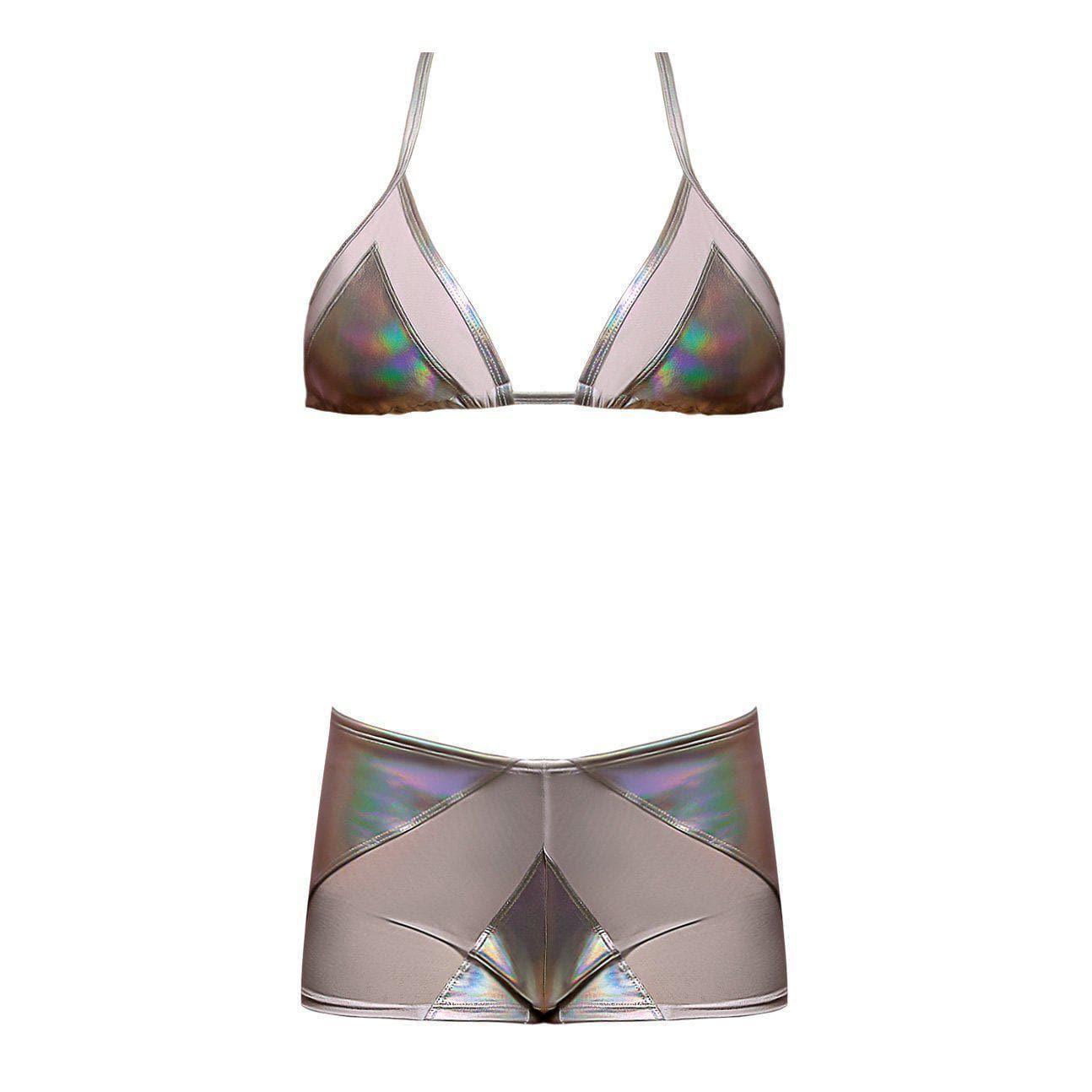 Magic Silk Oil Slick Triangle Bra & Boy Short Set Silver - Romantic Blessings