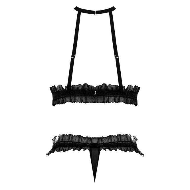 Magic Silk Ruffled Halter Bra & Thong Black - Romantic Blessings