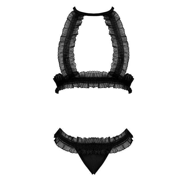 Magic Silk Ruffled Halter Bra & Thong Black - Romantic Blessings