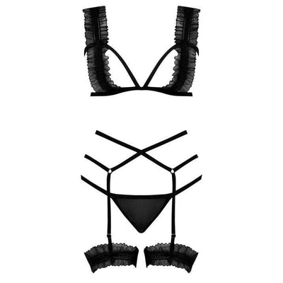 Magic Silk Ruffled Bra Garter & Panty Black - Romantic Blessings
