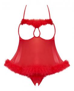Magic Silk Marabou Cupless & Crotchless Babydoll Set Red