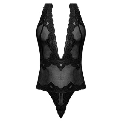 Magic Silk Sexy Time Deep Plunge Halter Teddy with G-String Black - Romantic Blessings