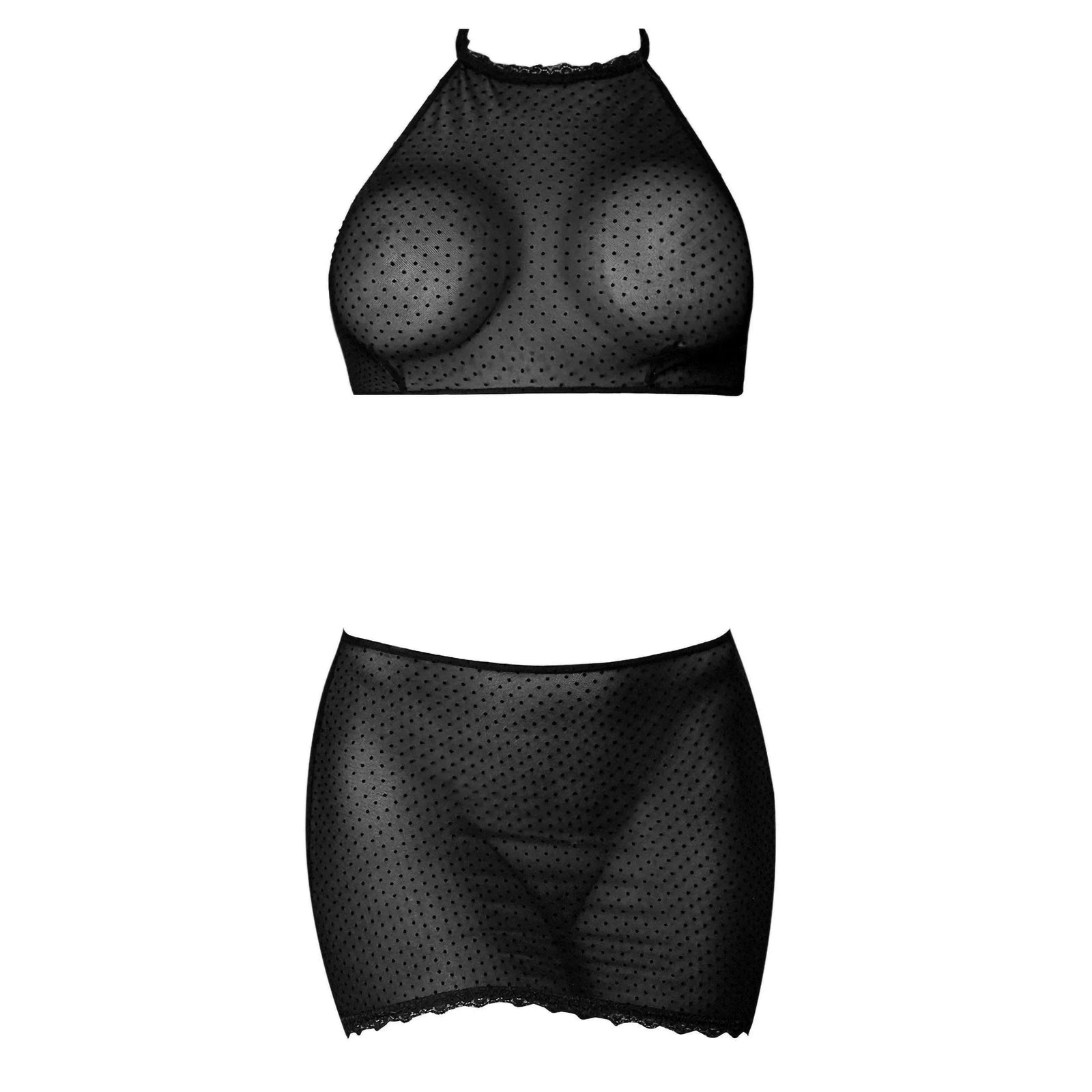 Magic Silk Sexy Time Polka Dot Mesh Halter & Skirt Set Black - Romantic Blessings